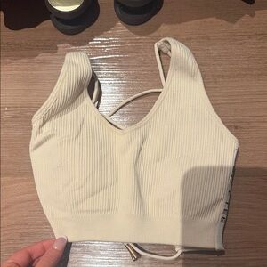 BO+TEE Open Back Plunge Neck Sports Bra in Ivory